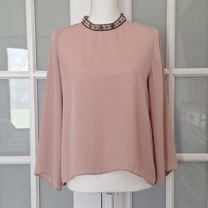 ZARA Sheer Blush Embellished Mock Neck Blouse